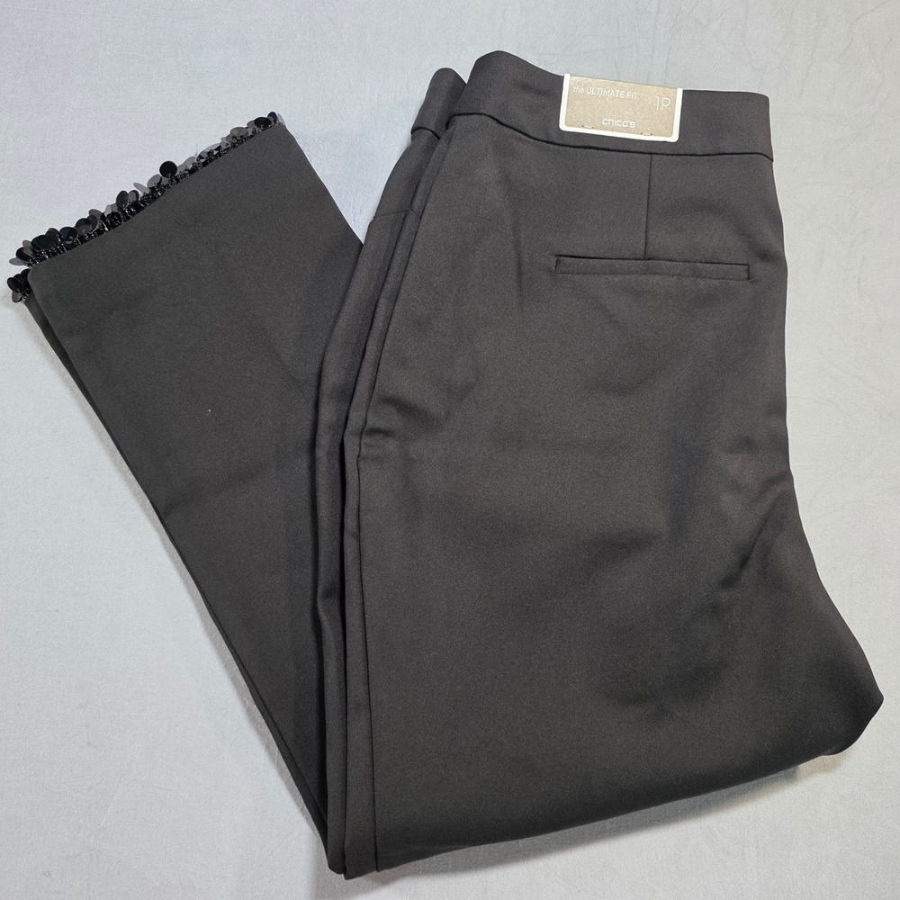 Chico's The Ultimate Fit Black Sequin Bead Fringe Ankle Pants 1P (8) Petite NEW